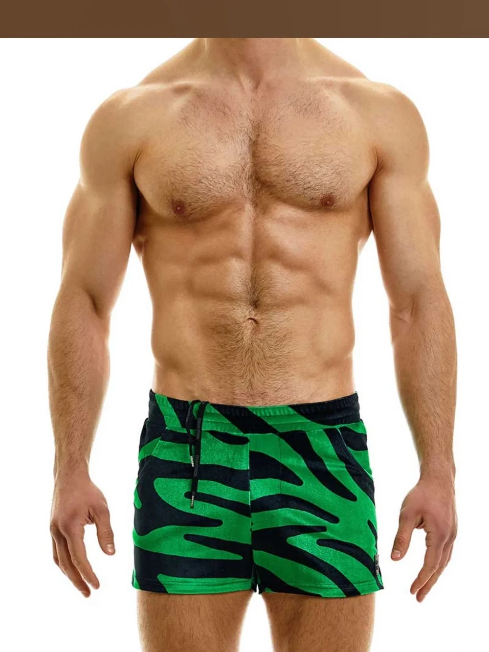 Men's Green Zebra-Print Swim Trunks and Short Sleeve Zip Swim Top